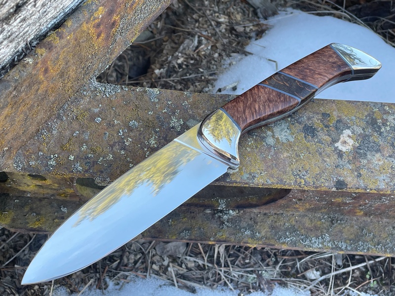 Samuel B Dallaire Camping Knife Magnacut (Myrtle Burl with Karelian Birch Inlay) photo